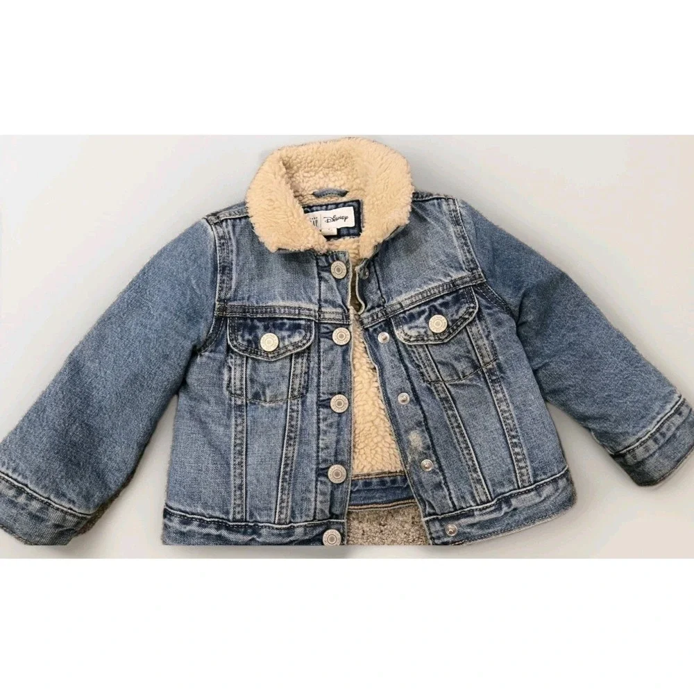 Baby Gap Girls Size 2 Disney Minnie Mouse Fleece Sherpa Denim Fancy Jean Jacket